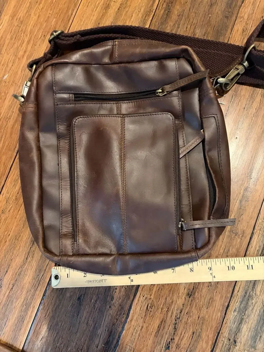 Mens Genuine Leather Multi-Zipper Pocket Crossbody Shoulder Bag